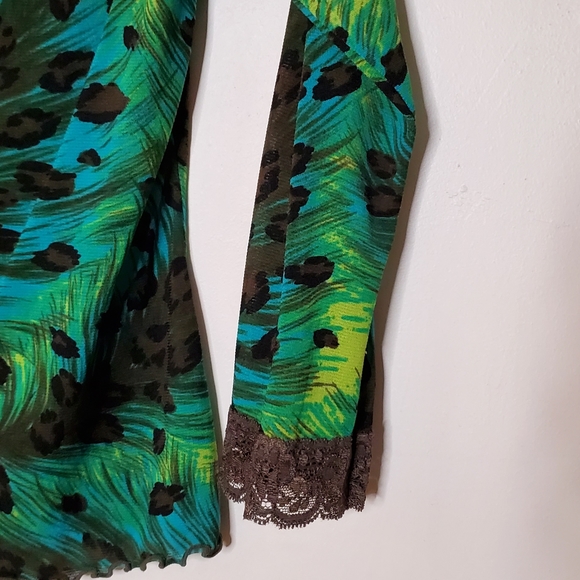 Playful Peacock Brightly Colored Leopard Blend V-Neck with Lace Edging - Picture 10 of 13